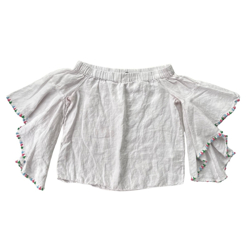 Zara Women’s Med White Linen Pink Blue Green Pom Pom Tassels Off Shoulder Blouse